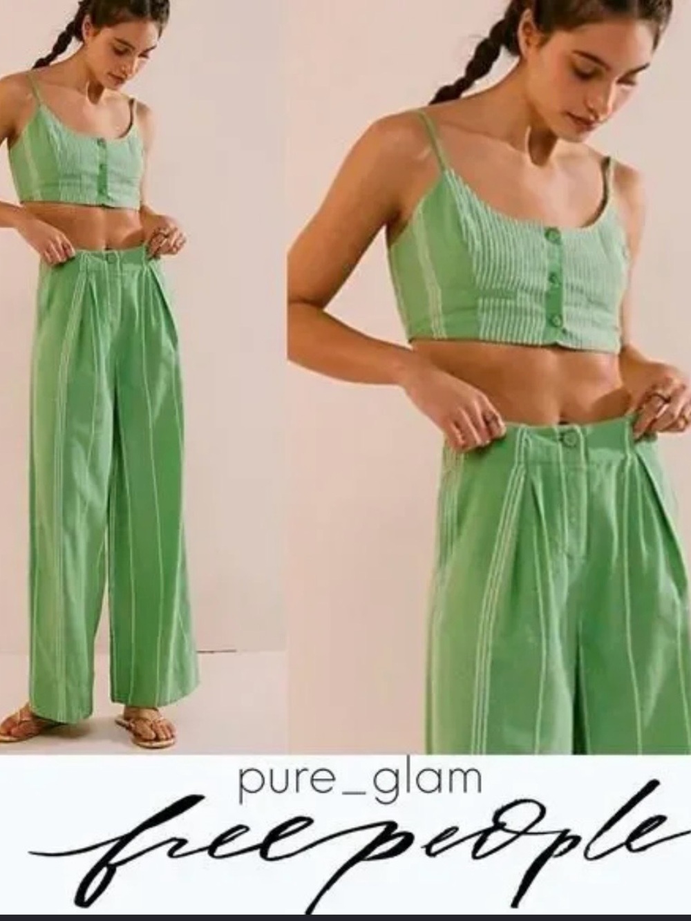 Free People Green Striped Button-Front Crop Cami Shirt Only Size Small A00397